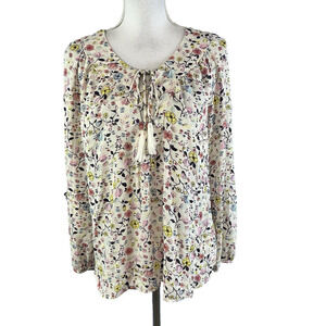 Lex & Madison Blouse Top size Small Ivory Floral Pink Blue Cottage Core Neck Tie